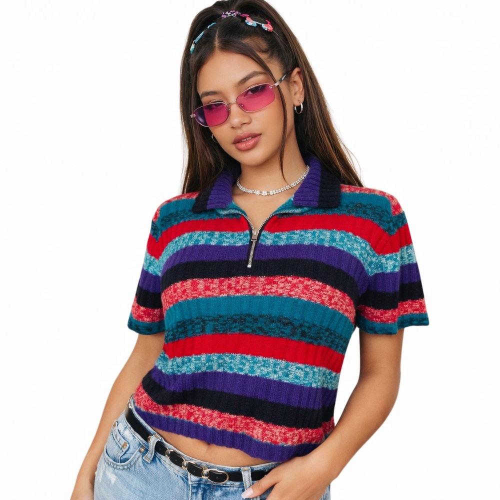 Retro Colorblock Textured Knit Top - Multicolor - Teal red purple black-  med